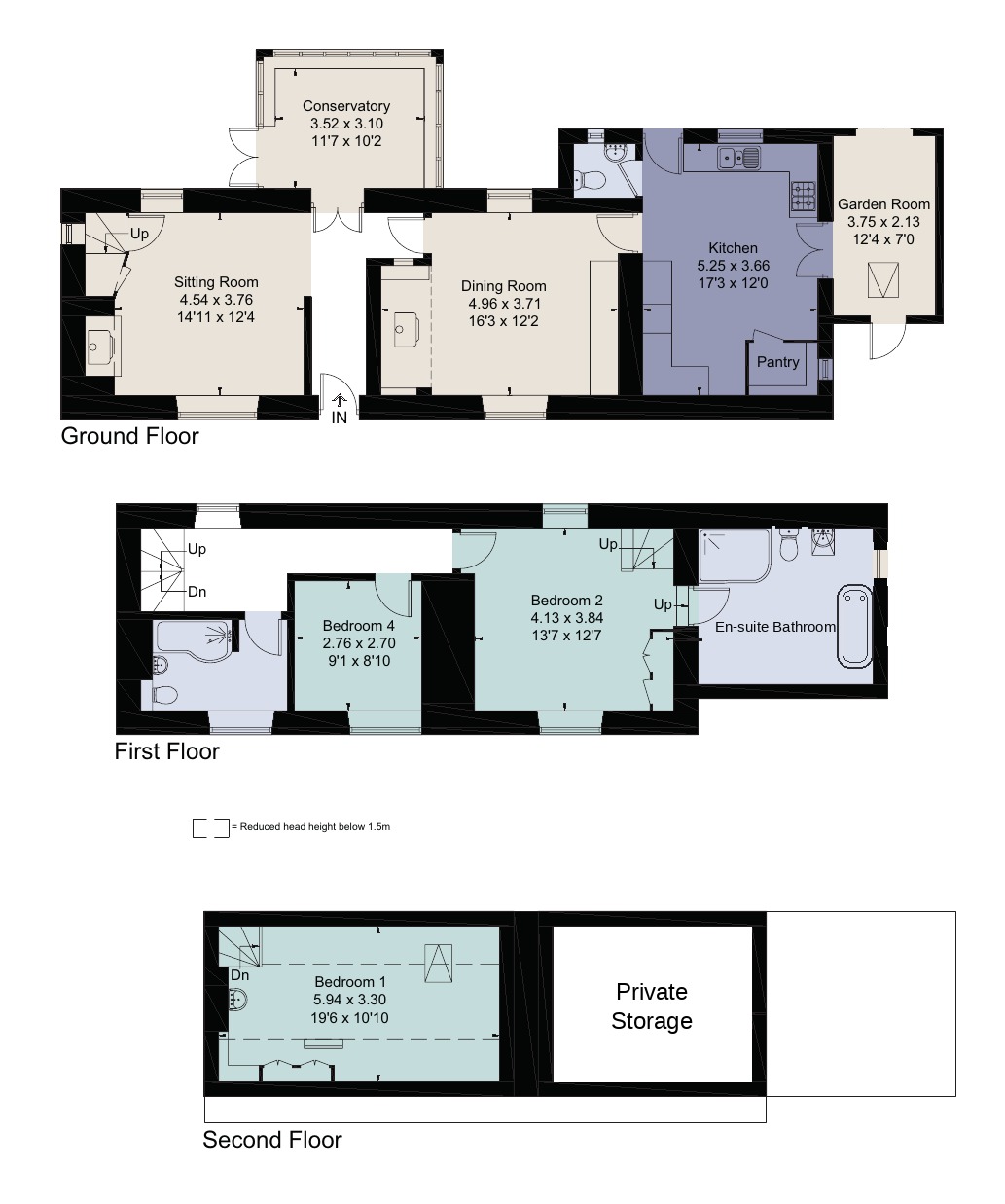 Floor plan of Glebe Cottage, Bledington, Oxfordshire — ground, first and second floors